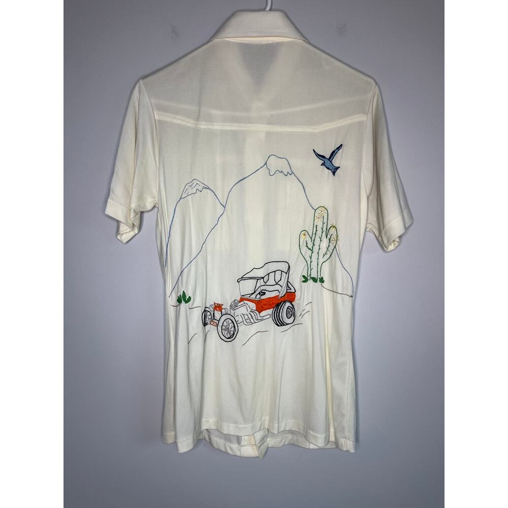 Men's Cream Dress Shirt with Car Landscape Embroidered Design